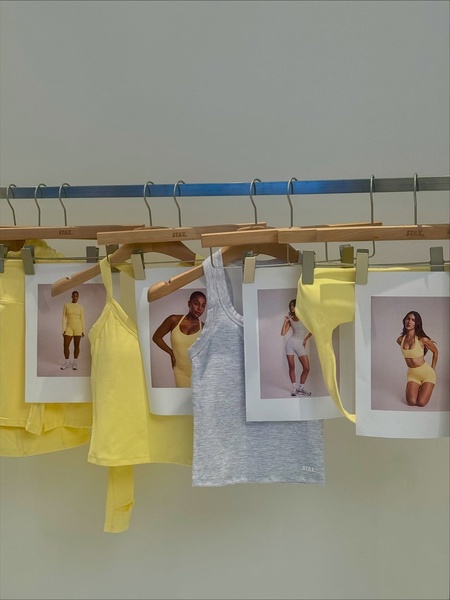 activewear set, sports bra, workout shorts, tank top, athletic wear, new arrival, brand awareness, minimalist, calm, fresh, yellow, neutral
